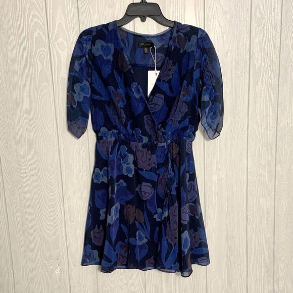 Ted Baker Juleah Ruched Sleeve Mini Dress Navy Blue Size 2 (US 6) NWT - Picture 2 of 8